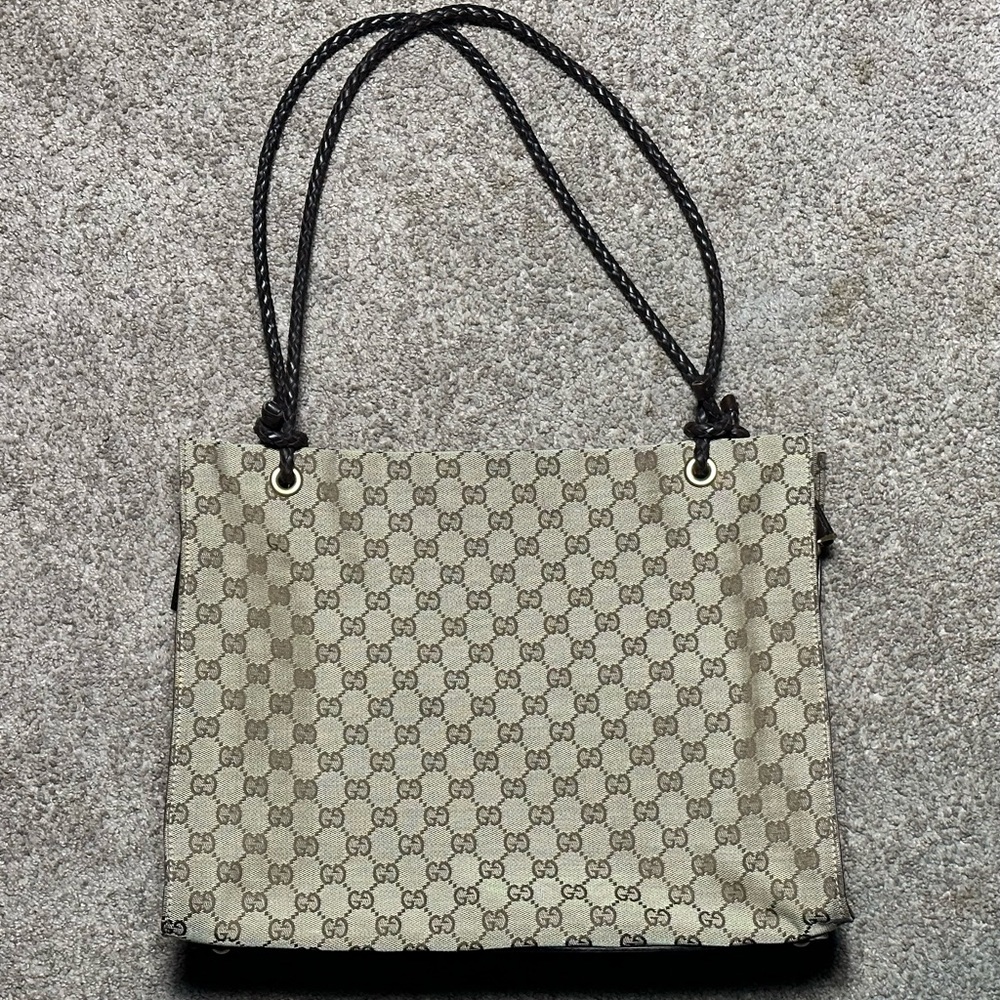 Gucci Tote GG Biege Tan Leather Brown Shoulder Bag Braided Handle